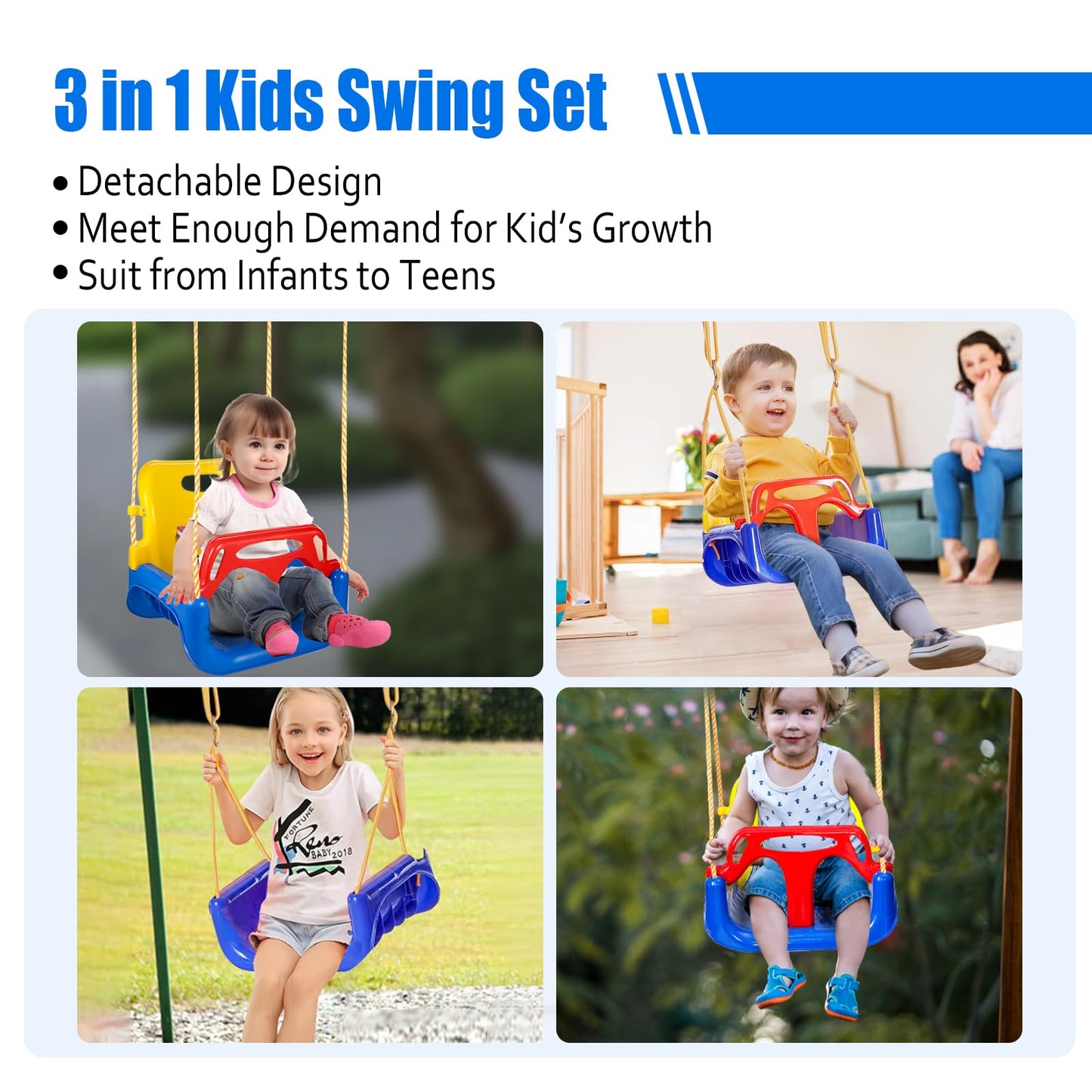 IFOYO 3-in-1 Convertible Kids Swing Seat with Detachable High-Back Support, Secure Indoor Outdoor Playground Swing for Kids