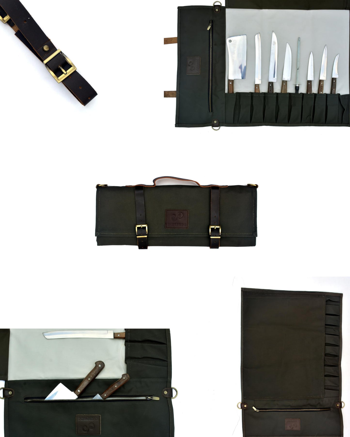 EVERPRIDE Stunning Waxed Canvas Roll Bag in Rich Dark Green w Genuine Leather Trim. Handsome Professional Chef Knife Roll Bag with upto 14" Knives and Storage Compartments A Super Gift