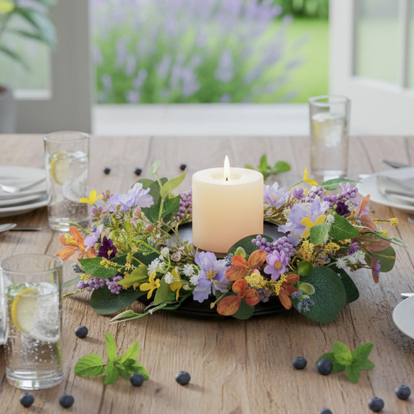 MOYEE Summer Centerpieces for Tables Candle Ring, Black Metal Candlestick with an Artificial Wreaths 14 in Versatile Dining Table Centrepiece (Purple Foam Flower Wreath)