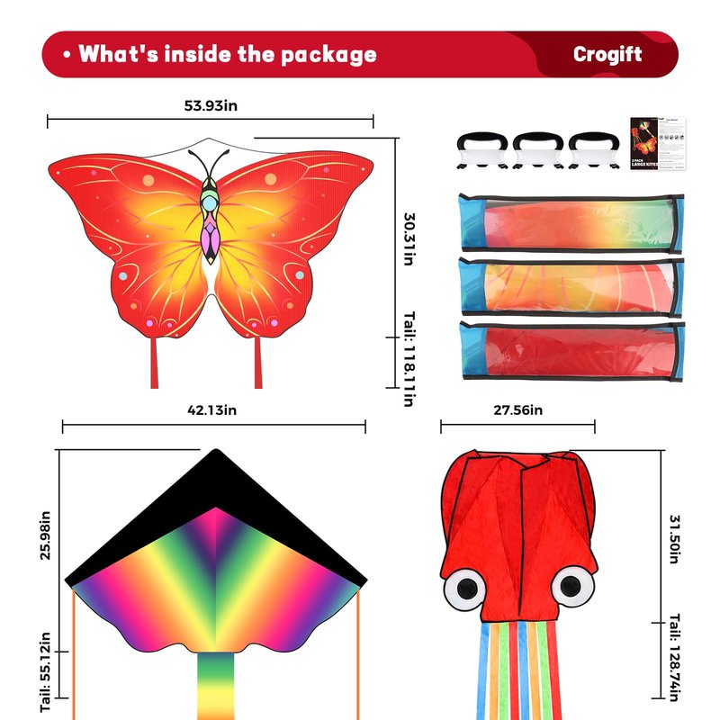 Crogift 3 Pack Large Kites, Easy to Fly Large Butterfly, Giant Red Octopus & Colorful Delta Kite for Beach Trip - Perfect Kites for Kids Ages 4-8 8-12, Gifts for Easter and Festival
