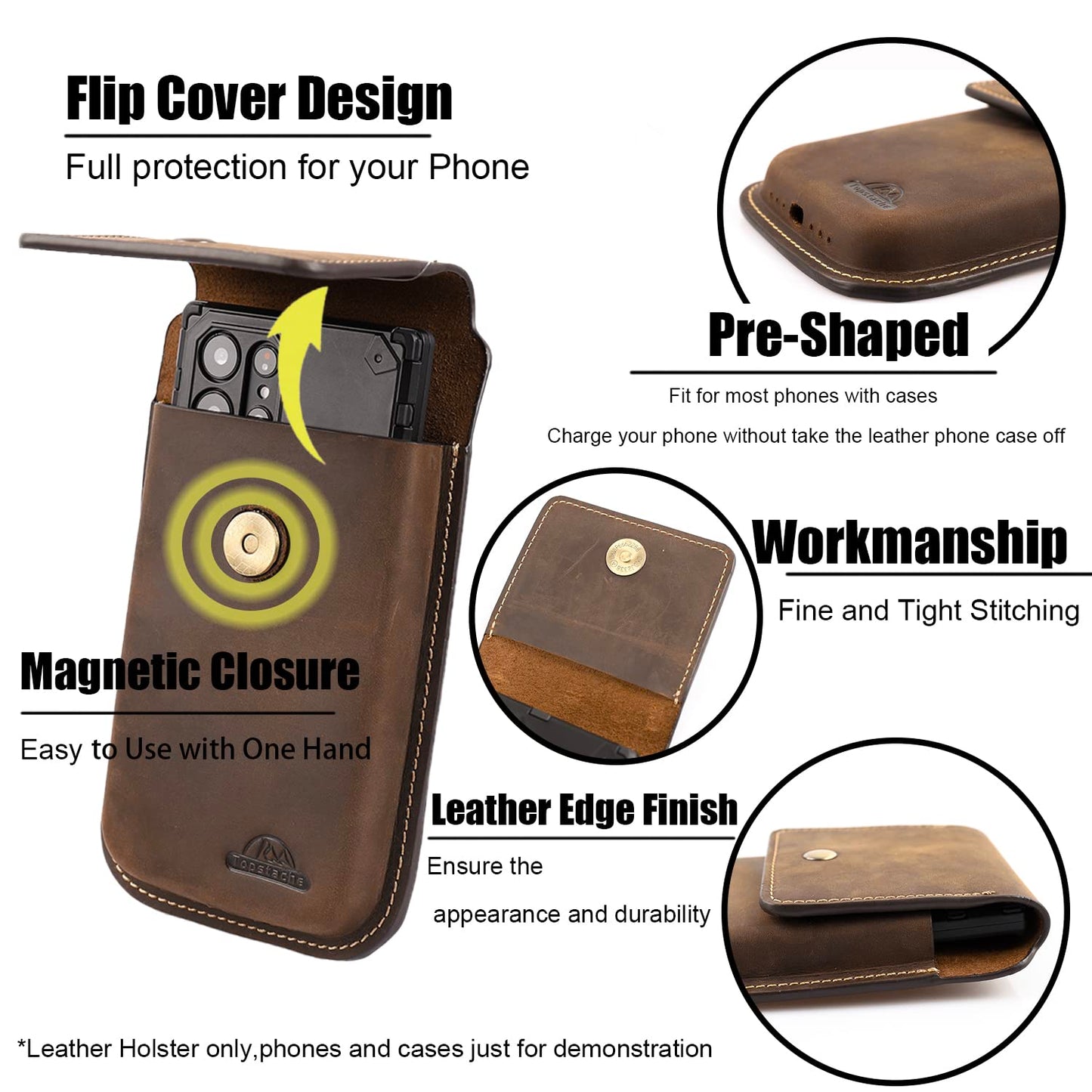 Topstache Leather Phone Holster for iPhone 17/16/15/14/13 Pro Max & Plus - Belt Clip Cell Phone Case for Galaxy S25/S24/S23 Ultra & Plus - Leather Belt Holder Pouch for Men, XL,Darkbrown
