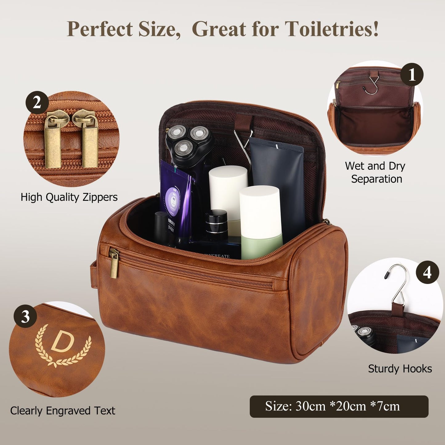 OXYEFEI Personalized Toiletry Bag for Men,Personalized Gifts for Men,Engraved Initial PU Leather Mens Toiletry Travel Shaving Travel Essentials Toiletries Bag for Him Birthday (W, Light Brown)