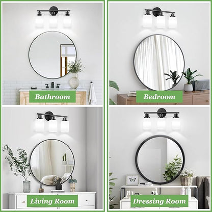 3-Light Bathroom Light Fixtures, Black Vanity Lights for Mirror with Textured Milky White Glass Shade, E26 Base Modern Kitchen Light Fixtures Wall Sconce Light