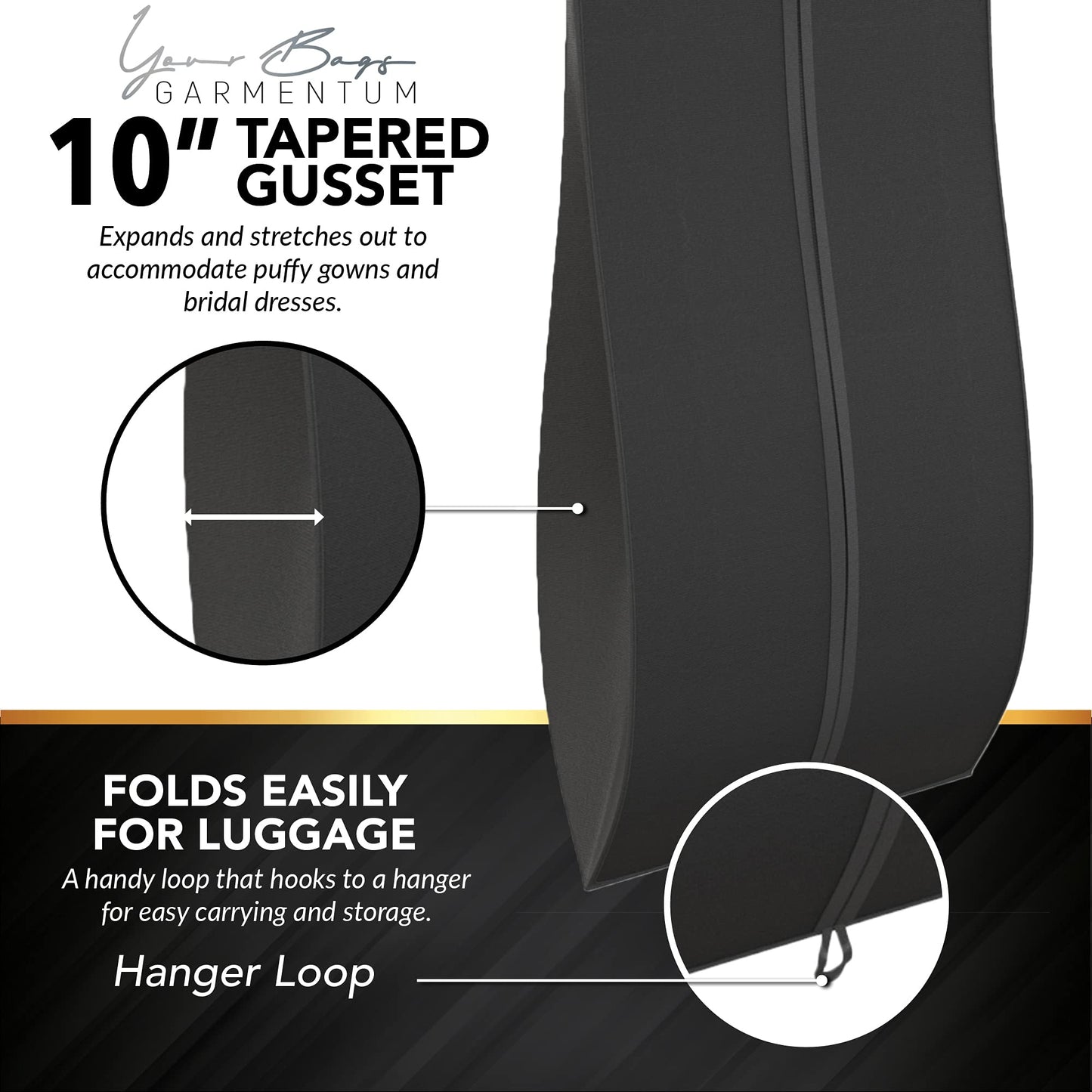 YOUR BAGS GARMENTUM Dress Bag for Gowns & Formal Dresses - 72" Extra Long Garment Bag for Hanging Clothes & Travel Women - Large Wedding Dress Garment Bags - 10" Gusset (Black)