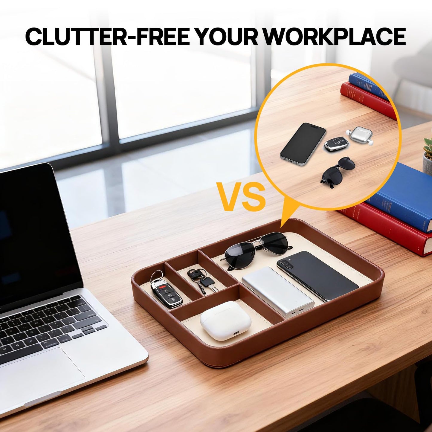 exsulity Leather Valet Tray, Stylish and Organized Multifunctional Tray, Nightstand & Desk Organizer, EDC Catchall for Keys Watch Jewelry Bedside Table Organizer