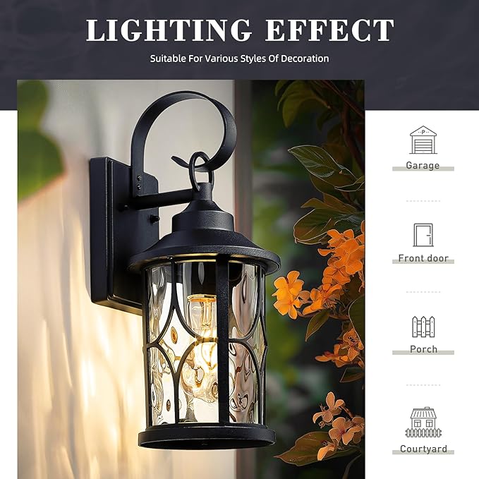 zeyu 2 Pack Industrial Wall Mounted Lights, 16 Inch Outdoor Wall Sconce Lantern, Die-Cast Aluminum, Black Finish with Water Ripple Glass, ZX111B-2PK BK-WG