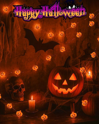 btfarm Halloween Pumpkin String Lights Decorations, 16.4 FT 50 LED Orange Fairy Lights Battery Operated with Remote Timer Waterproof for Indoor Outdoor Home Halloween Party Decorations