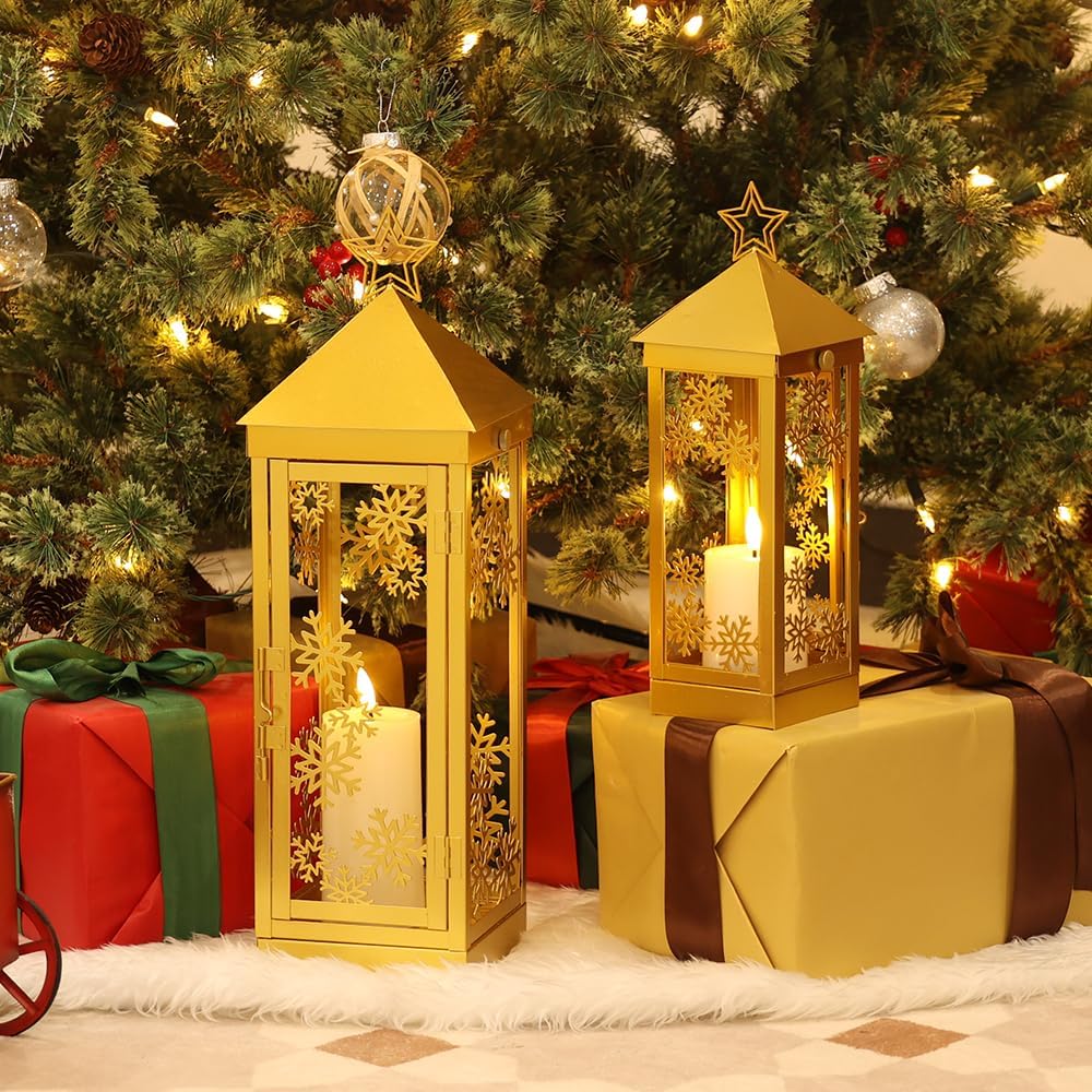 NEEDOMO Christmas Decorations Outdoor&Indoor, 17''/12'' Metal Candle Lantern Decor,Christmas Lanterns with Snowflakes Stars and LED Candle for Home Porch Patio Table Centerpieces, Xmas,No Glass