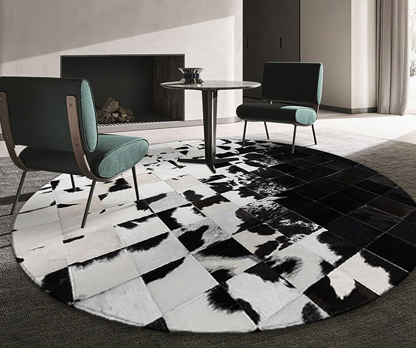 SN ALEFHOME Cowhide Round Leather Rug 4x4 ft – Genuine Hair-On Hide Patchwork Area Rug for Living Room, Bedroom, Kids Playroom, Lounge & Western Home Decor