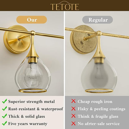 TETOTE 2-Light Modern Bathroom Light Fixtures, 2 Light Vanity Lights Over Mirror Gold Wall Lamp with Clear Glass for Bathroom, Mirror, Living Room, Bedroom, Hallway