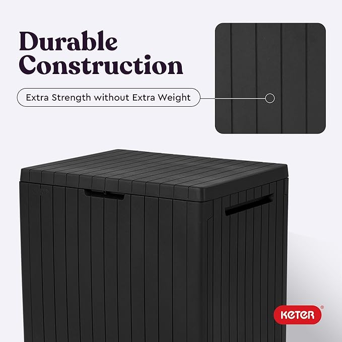 Keter City 30 Gallon Resin Outdoor Storage Box and Patio Furniture Side Table for Pool and Garden Accessories, Dark Grey