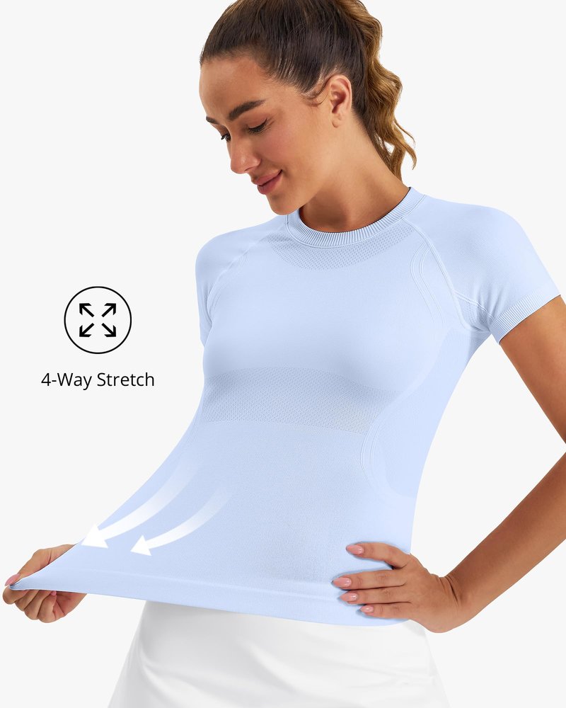 Stelle Women Workout Tops Short Sleeve Seamless Athletic Shirts Yoga Gym Sports Breathable Tees(Blue,S)