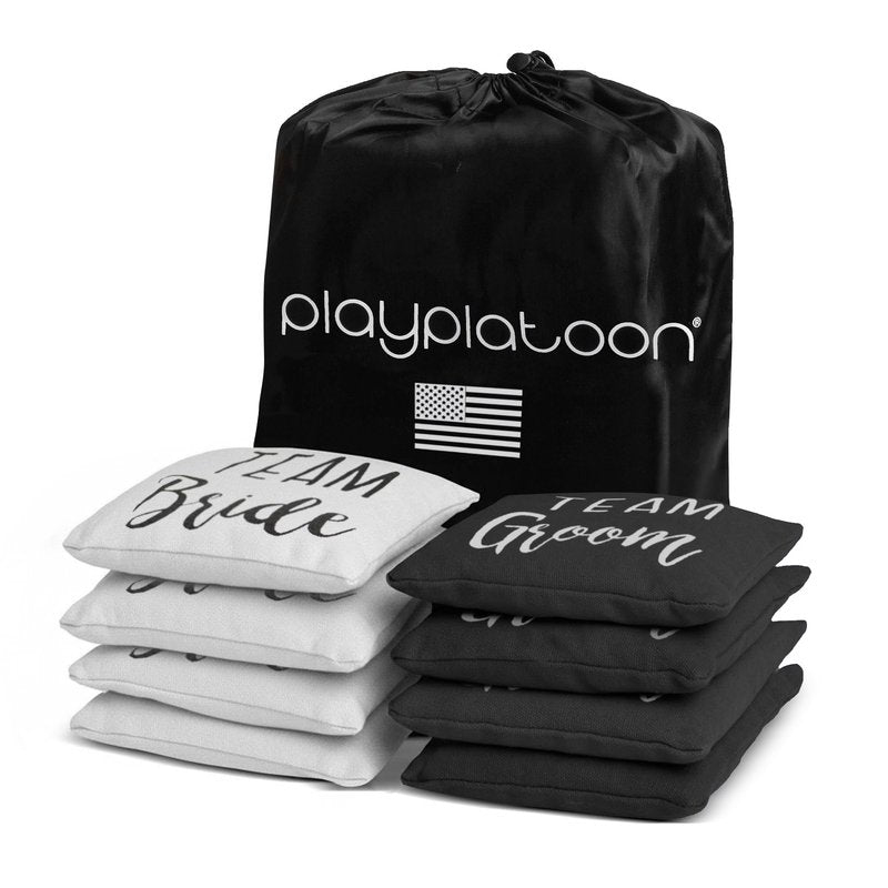 Play Platoon Weather Resistant Cornhole Bags - Set of 8 Regulation Corn Hole Bean Bags - Team Bride & Team Groom Wedding Theme - Durable Duck Cloth Corn Hole Bag for Tossing Game, Includes Tote Bag