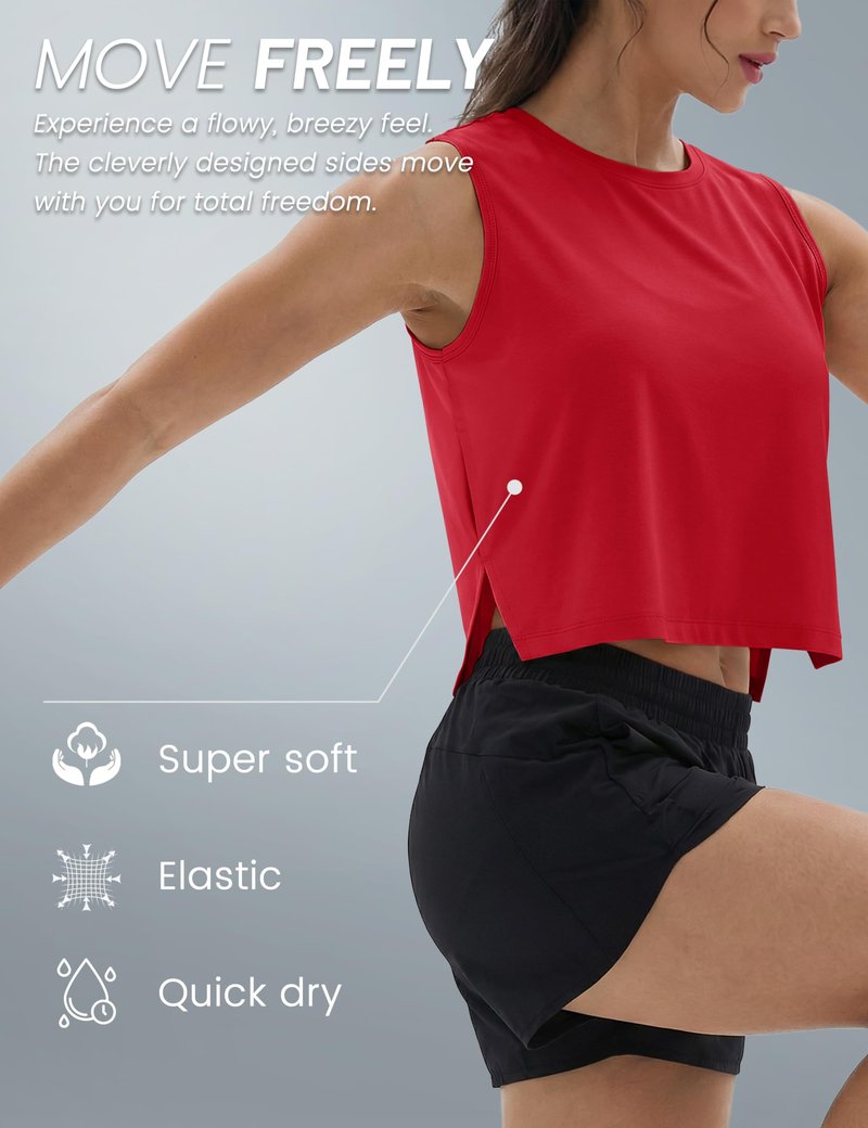 MAGCOMSEN Tank Tops for Women Quick Dry Basic Sleeveless Workout Cropped T-Shirts Athletic Tops with Side Slits Red L