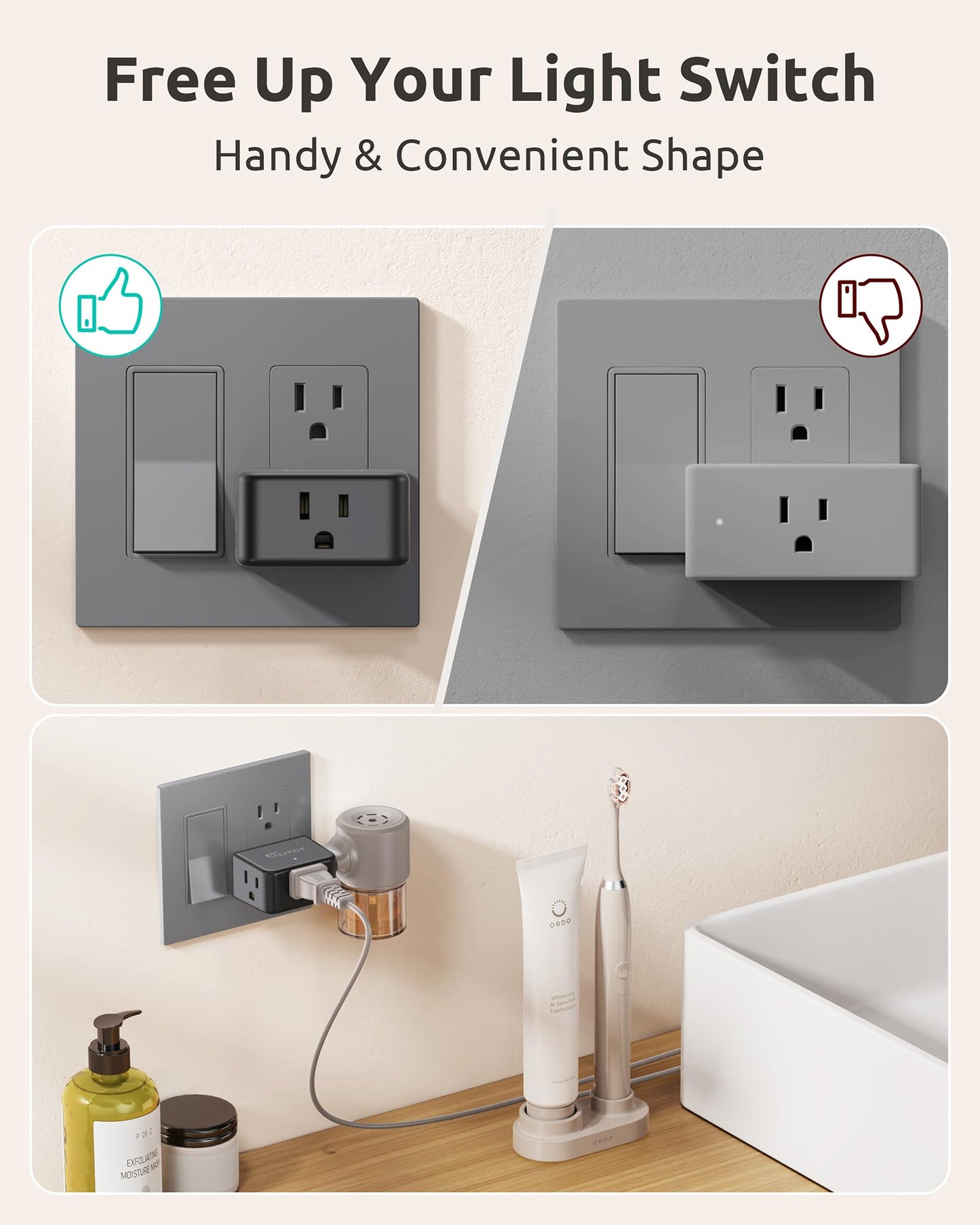 NUTICT Multi Plug Outlet Extender 2 Pack, Small Wall Plug Extender, Black