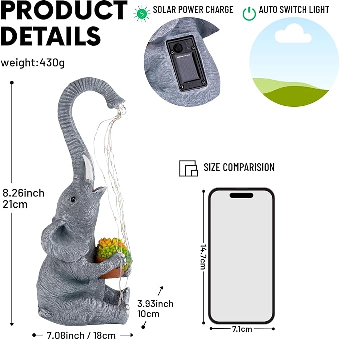 Elephant Garden Statue with Solar Watering Lights, Outdoor Resin Animal Sculpture for Patio, Lawn, Yard – Unique Gift for Women, Mom, Grandma (Grey Succulents)