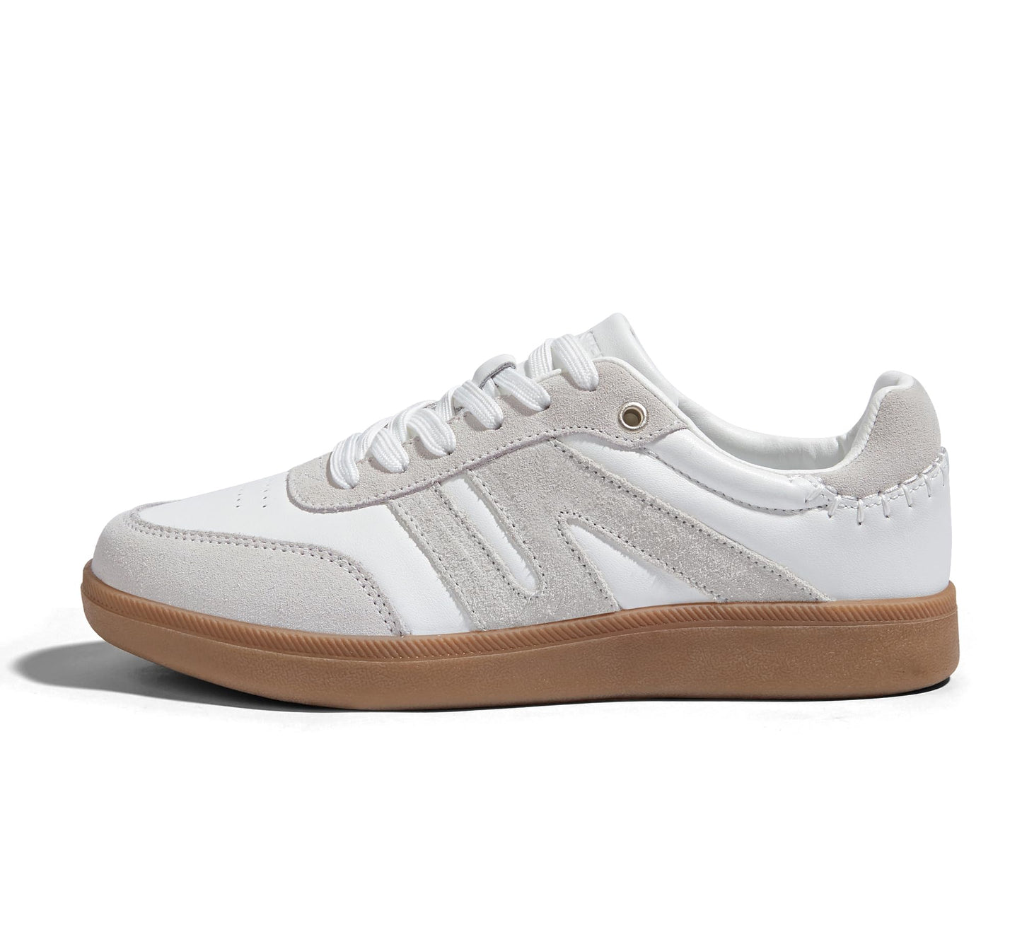 LUCKY STEP Women Classic Retro Gum Sole Fashion Sneakers Casual Tennis Skate Shoe Genuine Leather Walking Footwear Anti Slip Trainers(White/Grey,8.5)