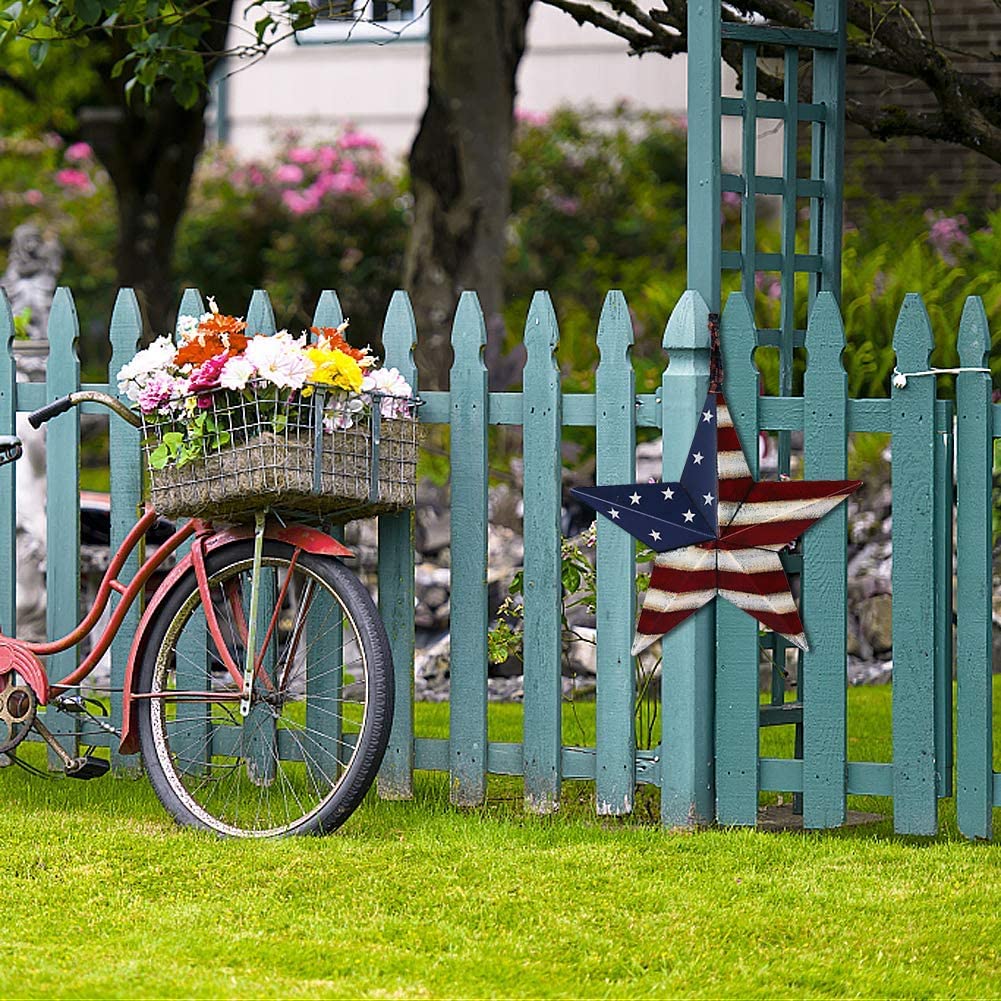 Rainbow Handcrafts Rustic Metal 3D Barn Star Patriotic Wall Decoration American Flag Wall Star July 4th Country Americana Patriotic Wall Ornament, Fourth of July Outdoor Wreath Decoration