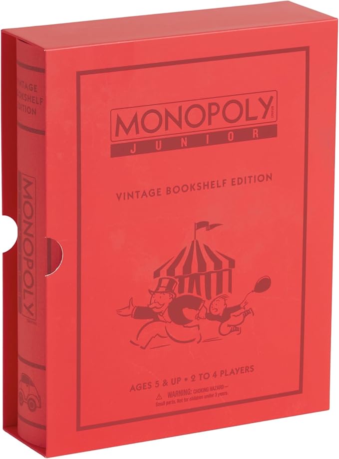 WS Game Company Monopoly Junior Vintage Bookshelf Edition: Linen Fabric-Wrapped Book Case — Classic Monopoly Jr. Board Game for Family Game Night (2-4 Players Ages 5+)