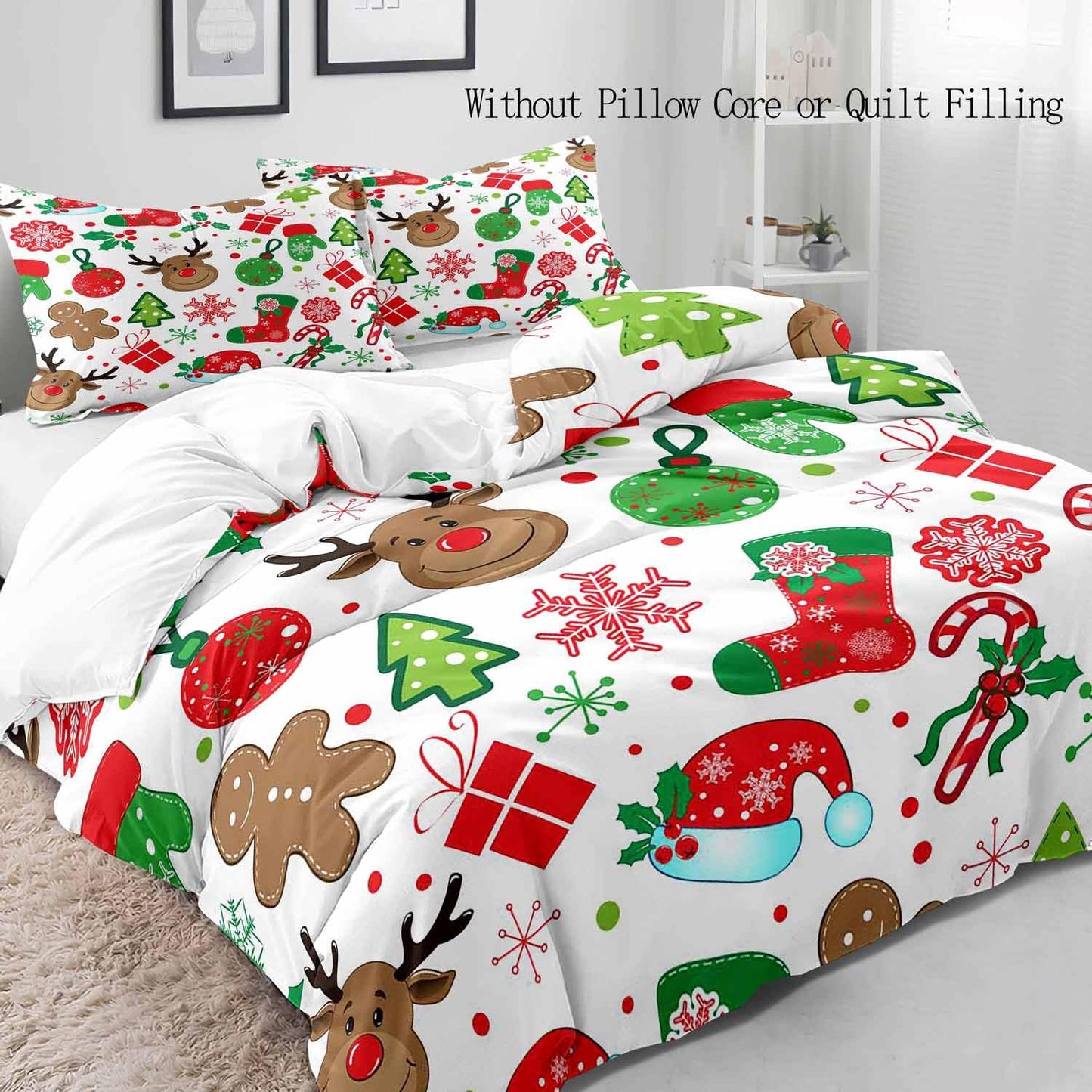 LUVIVIHOME 3PCS Christmas Duvet Cover Queen, White Duvet Cover, Boys Girls Kids Bedding, Cute Reindeer Snowflake Gingerbread Candy Cane Holiday Christmas Comforter Bedspread Quilt Cover 2 Pillow Cases
