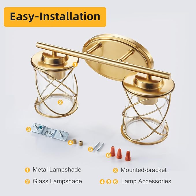 mavcadonf 2-Lights Bathroom Vanity Lights, Bathroom Light Fixtures Over Mirror, Brushed Gold Vanity Light, Farmhouse Wall Lights with Clear Glass Shade, Bathroom Wall Lamp for Mirror Kitchen Bedroom