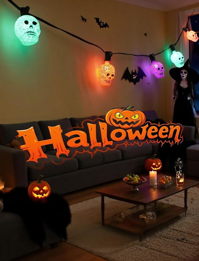 10.5ft Outdoor Skull String Lights, Plug in & Connectable Halloween Decorations with UL Certified Cord, Waterproof for Porch, Yard & Party Decor