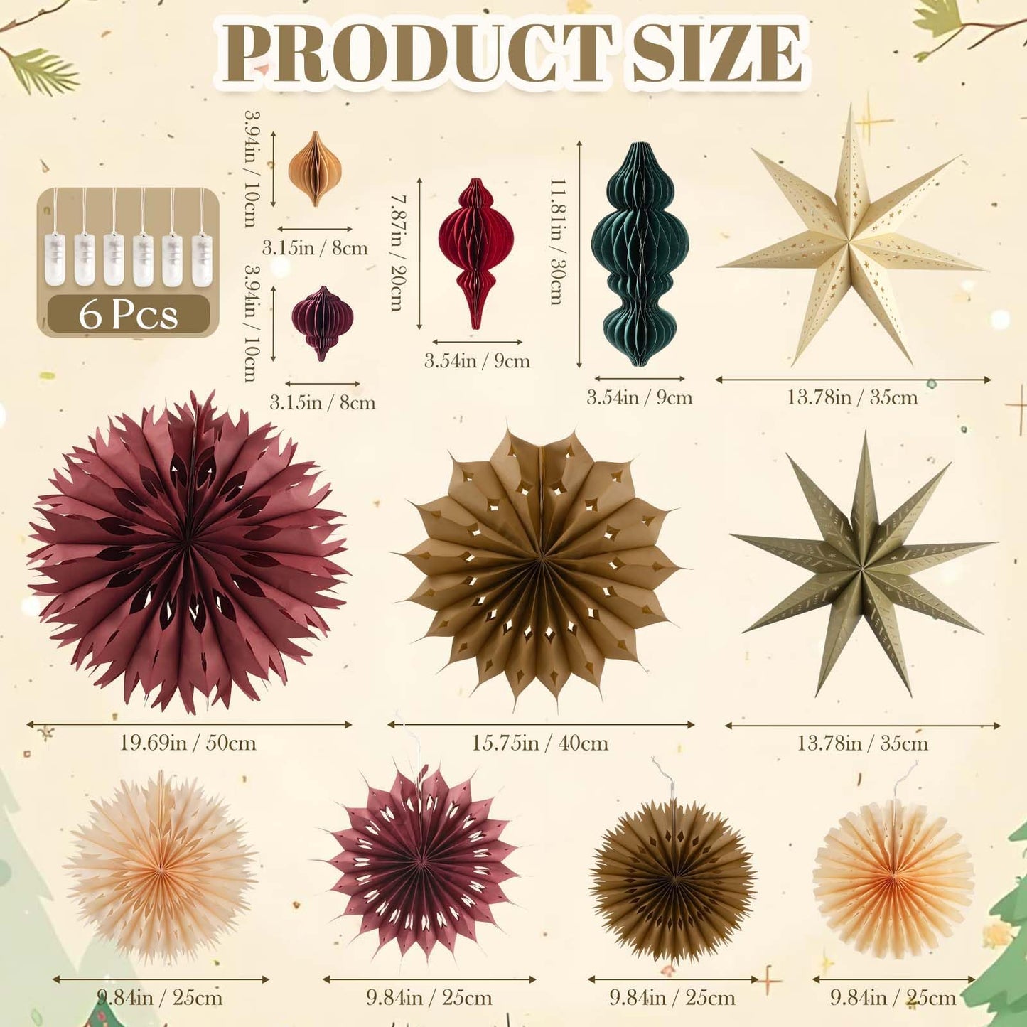 Christmas Hanging Decorations Set, 3D Paper Star Lanterns with Lights Paper Honeycomb Ornaments Snowflake Fans Decorative Hanging Ornamnets for Xmas Tree Frozen Winter Wonderland Holiday Party Decor