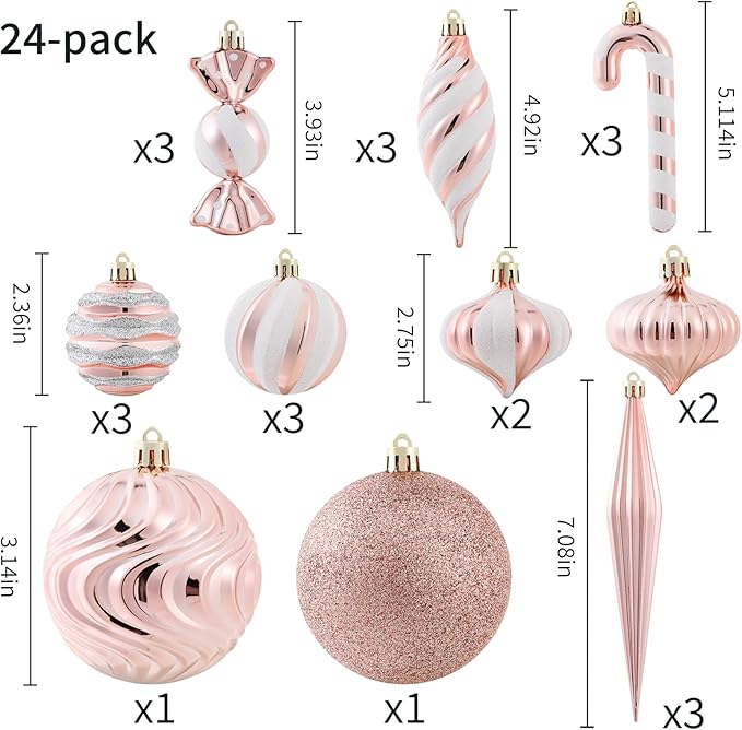 Christmas Ball Ornaments Set Shatterproof Christmas Tree Ornaments 24 PCS Painted Shaped Styles Xmas Tree for Holiday Decor,Rose Gold