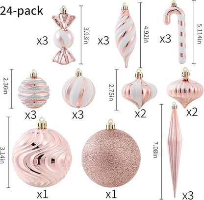 Christmas Ball Ornaments Set Shatterproof Christmas Tree Ornaments 24 PCS Painted Shaped Styles Xmas Tree for Holiday Decor,Rose Gold