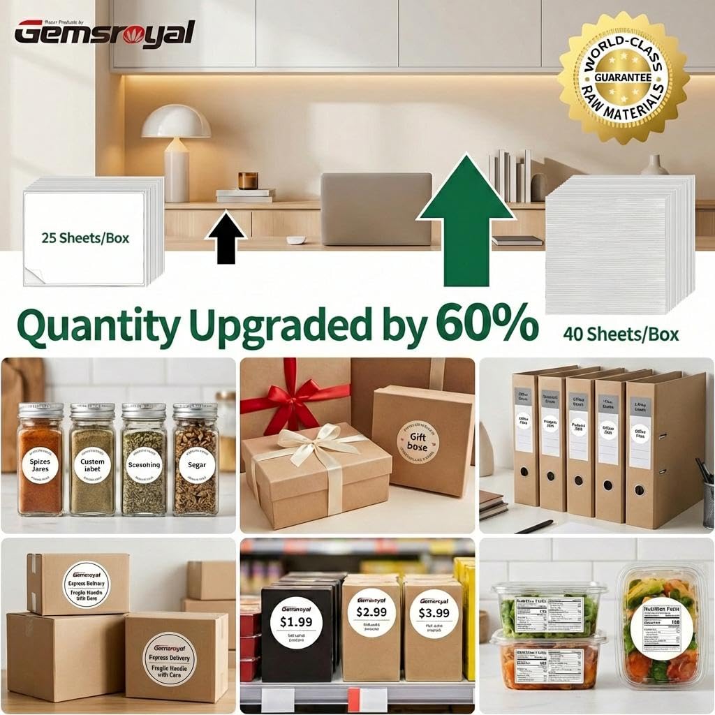 Gemsroyal 2" Round Labels Printable, Matte White Circle Stickers for Inkjet & Laser Printer, Permanent Adhesive Blank Sticker Paper, 40 Sheets, 480 Labels, for Product Merchandising, Favors and Crafts