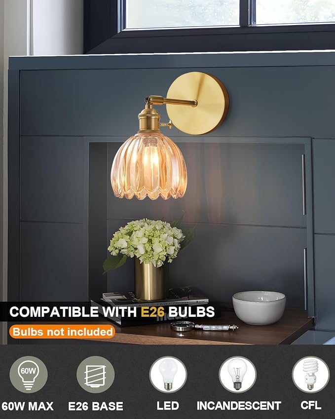 Plug in and Hardwired Wall Sconces, Luxury Vintage Tulip Crystal Glass Shade Wall Light with Switch for Bedside Bedroom Living Room (Tulip-Amber, 1)