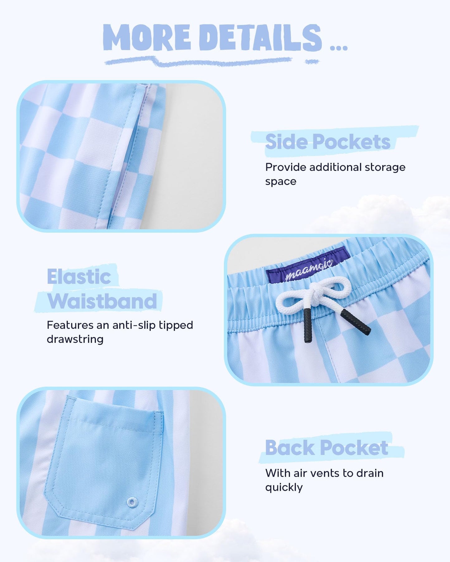 maamgic Boys Swim Trunks with Compression Liner Recycled Swim Shorts Anti-Chafe Boys Bathing Suit Stretch Toddler Beach Shorts Blue Plaid 5/6