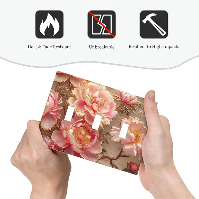 Pink Blooming Flowers Peonies Floral Light Switch Covers 3 Gang Triple Toggle Wall Plate Decorative Switch plate Electrical Faceplate for Farmhouse Living Decor