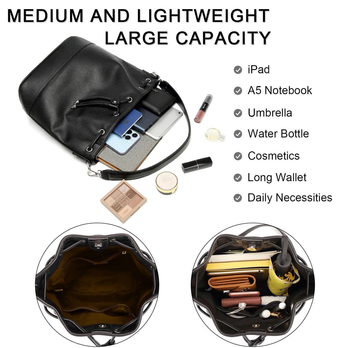 AFKOMST Leather Bucket Bags and Drawstring Crossbody Purse for Women Medium Tote and Hobo Handbags with 2 Shouder Straps