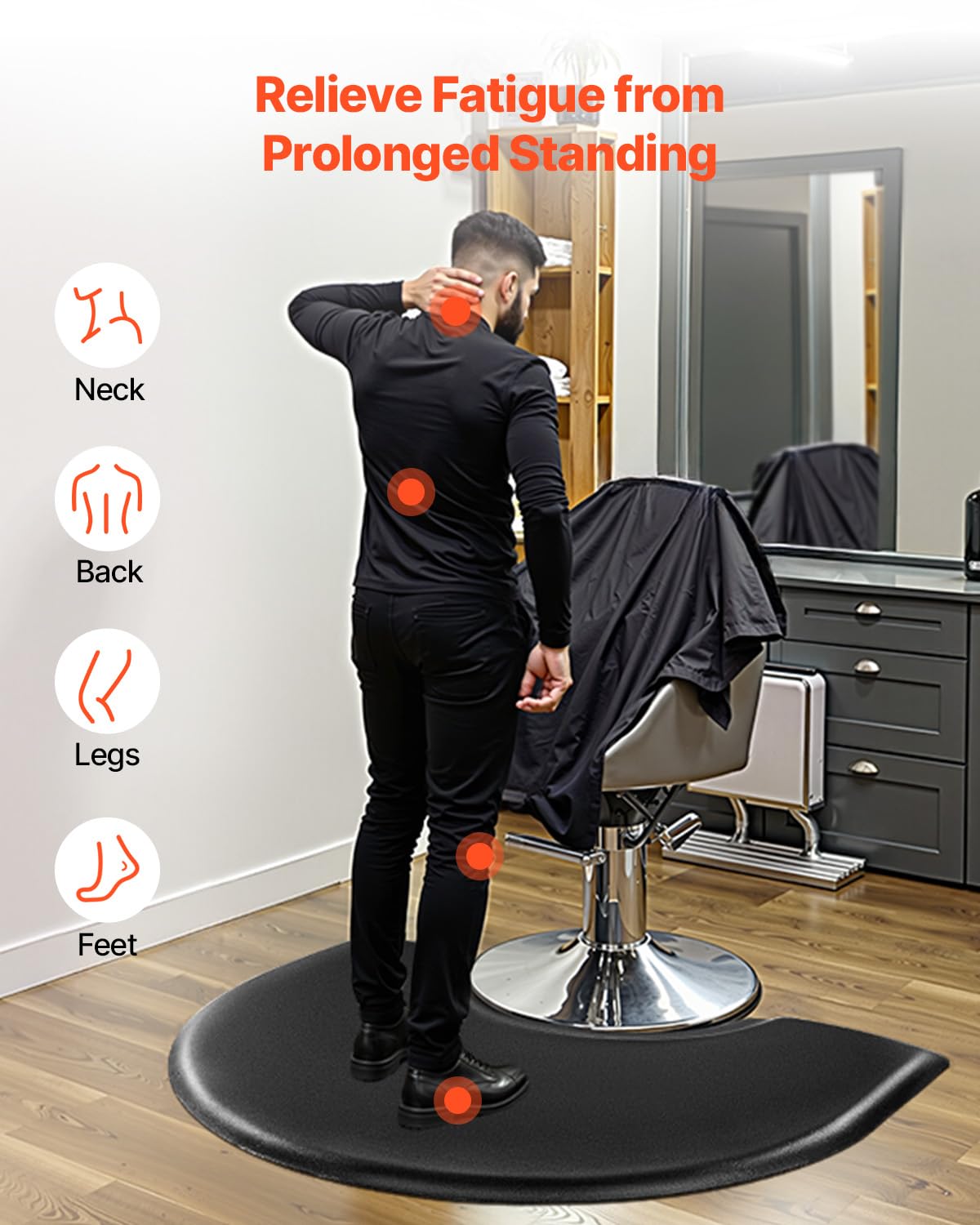 VEVOR Salon Mat for Hair Stylist, 3 x 4 FT Semi-Circle Salon Chair Mat, 1-inch Thickened Anti Fatigue Barber Shop Floor Mat with Round Cut Out, Easy-to-Clean PVC Surface & Anti-Trip Beveled Edges