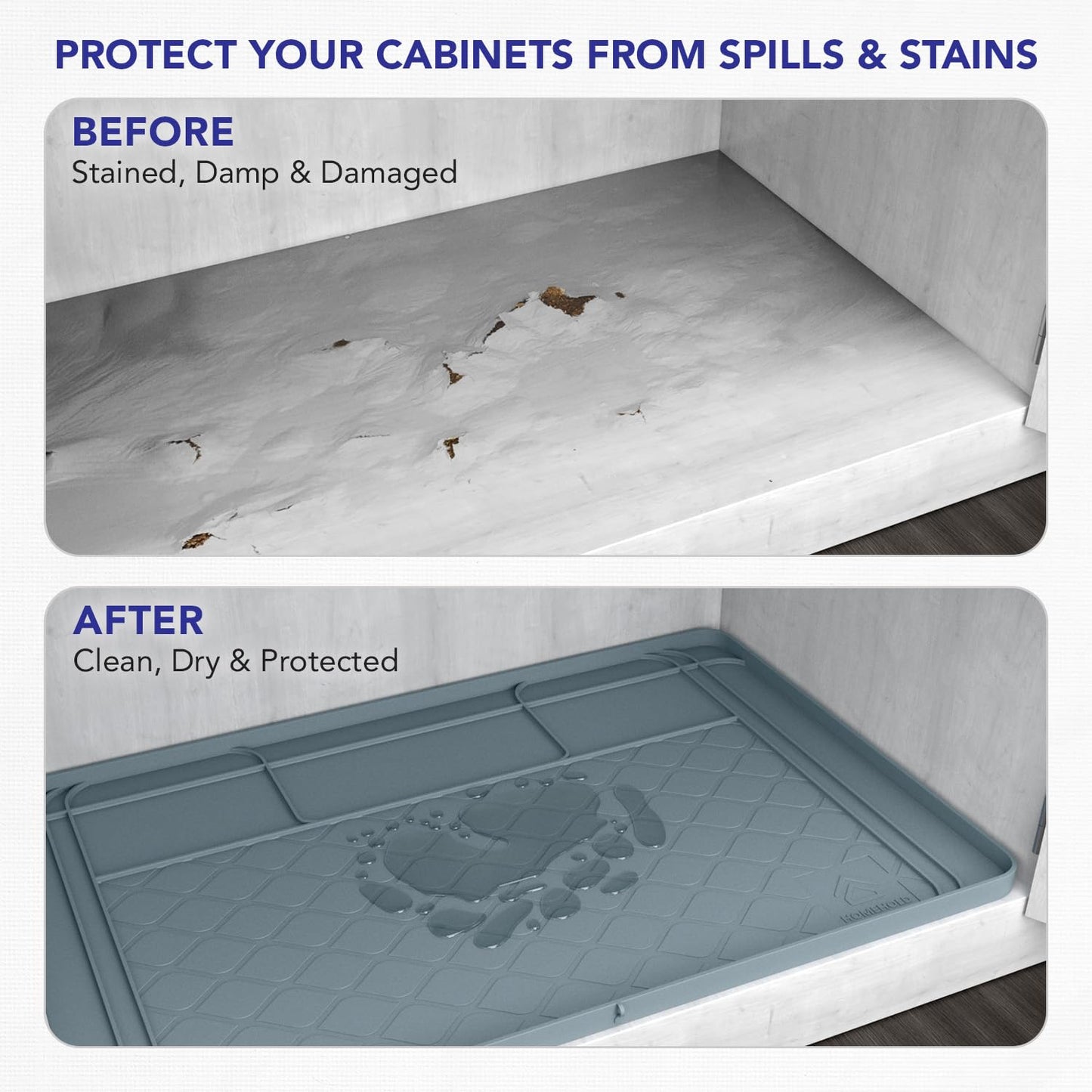 Premium Under Sink Mats for Kitchen Waterproof, 34" x 22" (Customizable to Smaller Sizes), Silicone Under Kitchen Sink Mat for Bathroom Cabinets, Holds up to 3.3 Gallons of Liquid – Grey