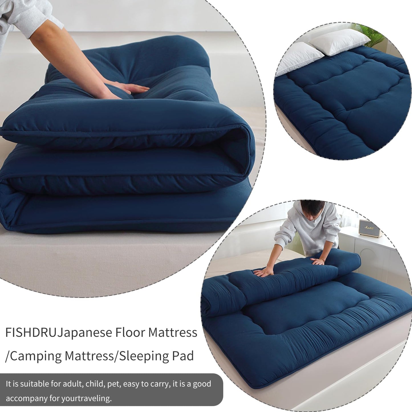 FISHDRU Futon Mattress, Japanese Floor Mattress,Japanese Floor Bed,Tatami Foldable Bed,Roll Up Sleeping Pad for Adults Guest Room Bedroom (Blue, Twin)