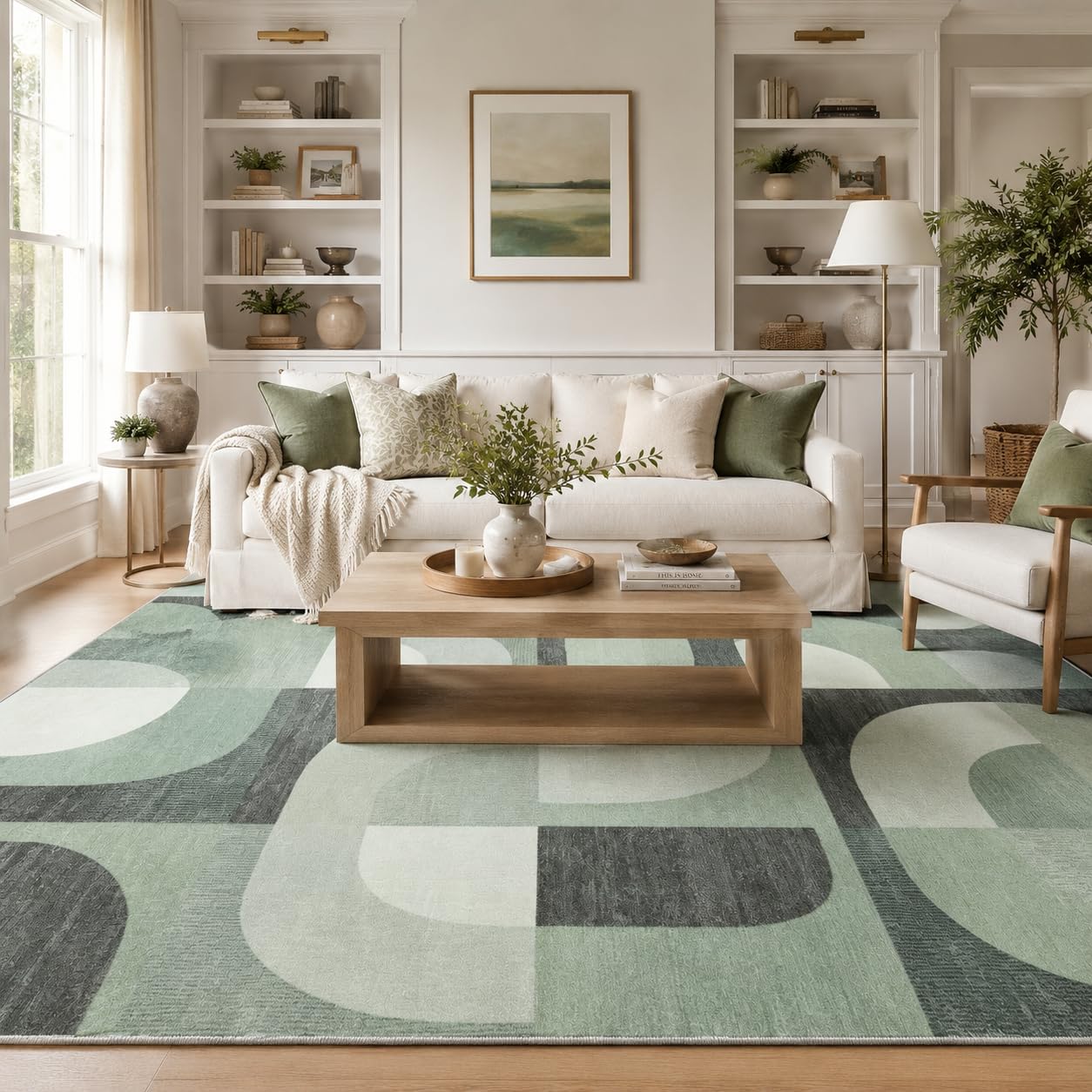 8X10 Area Rugs Modern Abstract Non Slip Washable Large Carpet for Living Room Bedroom, Green Rug 8X10 Geometric Pattern for Kids Nursery Thin 8 by 10 Indoor Home Decor Pet & Child Friendly