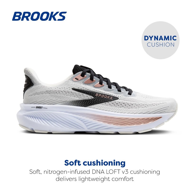 Brooks Women’s Ghost 17 Neutral Running Shoe - White/Black/Rose Gold - 13 Wide