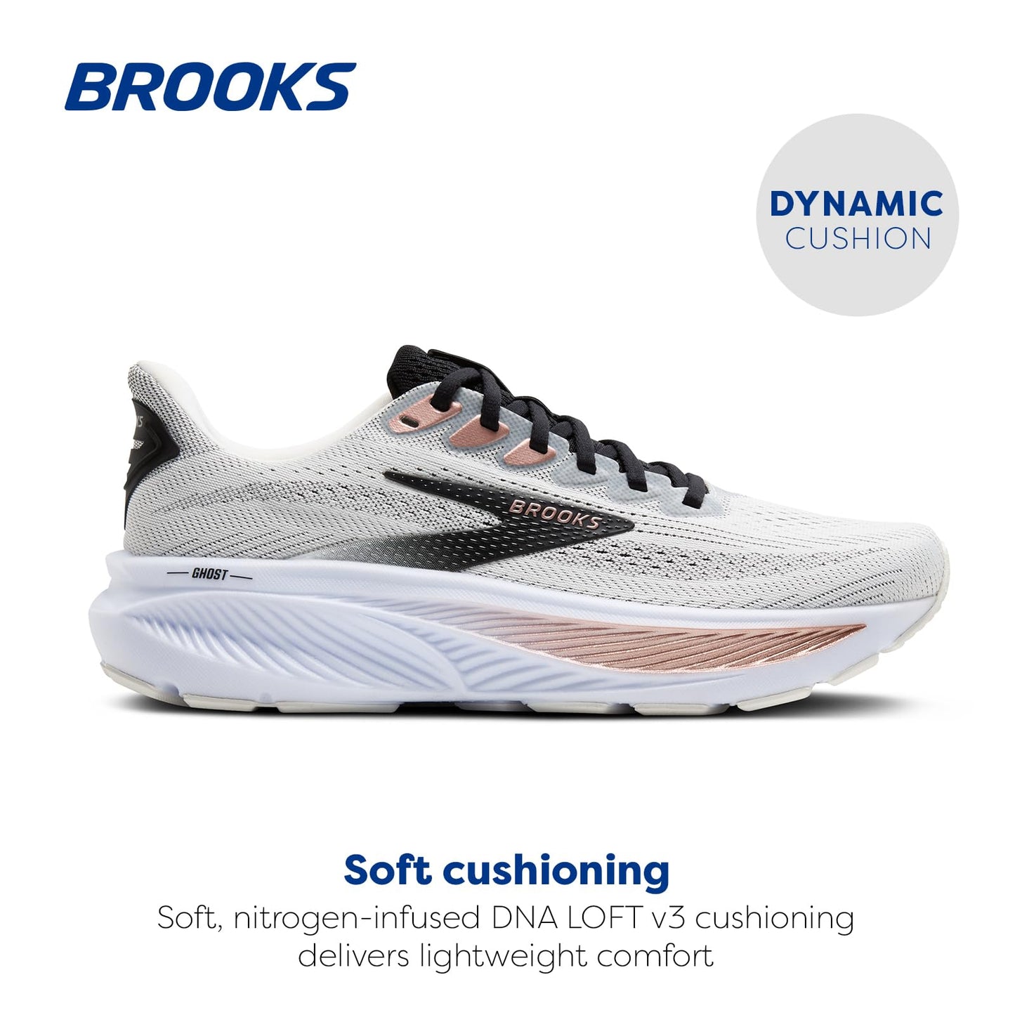 Brooks Women’s Ghost 17 Neutral Running Shoe - White/Black/Rose Gold - 6.5 Wide