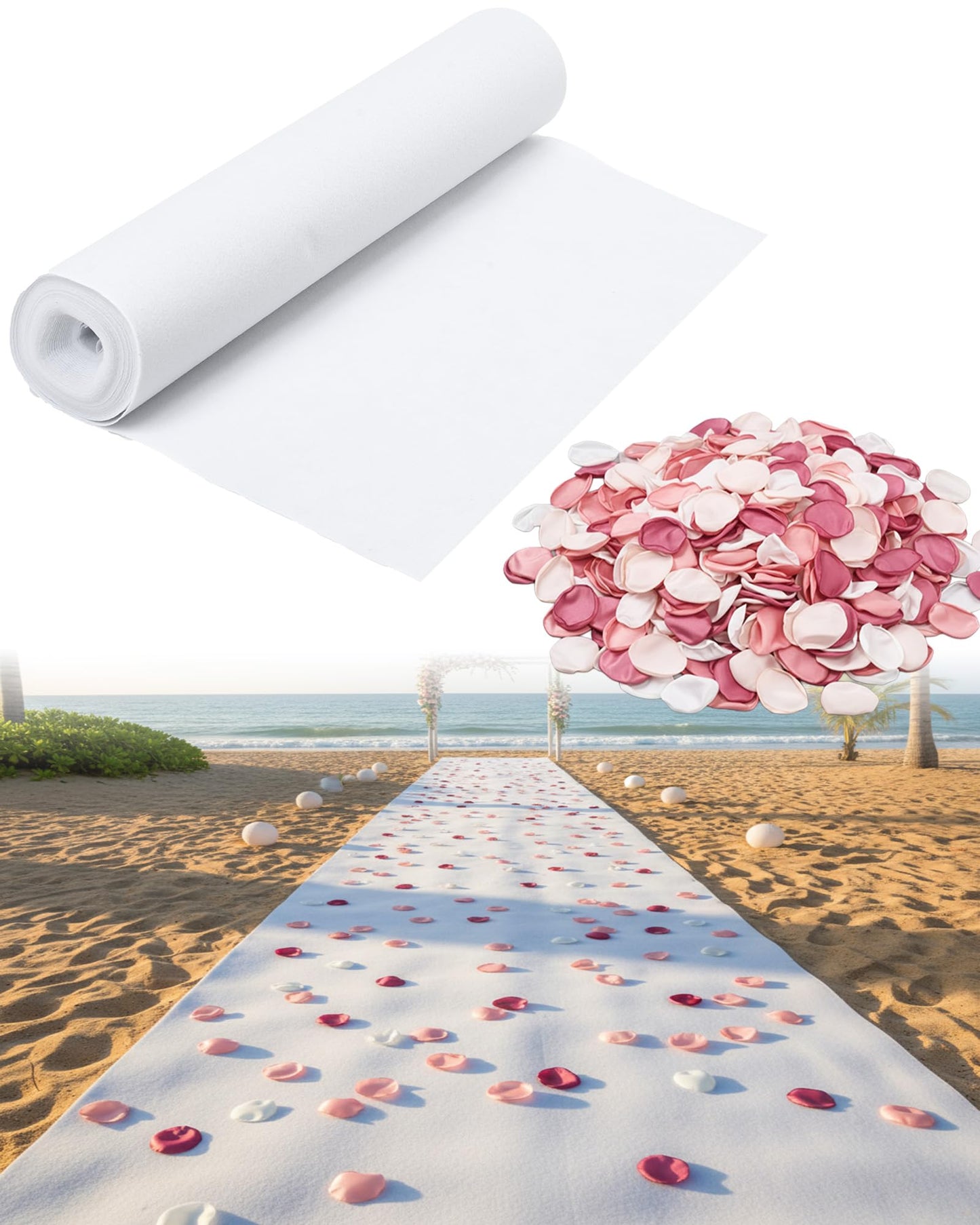Boao 600 Pcs Silk Rose Petals with 3.3 x 65.6 ft White Carpet Floor Runner Artificial Pink Rose Petals and White Aisle Runner Carpet Rug for Wedding Christmas Anniversary Party Decorations