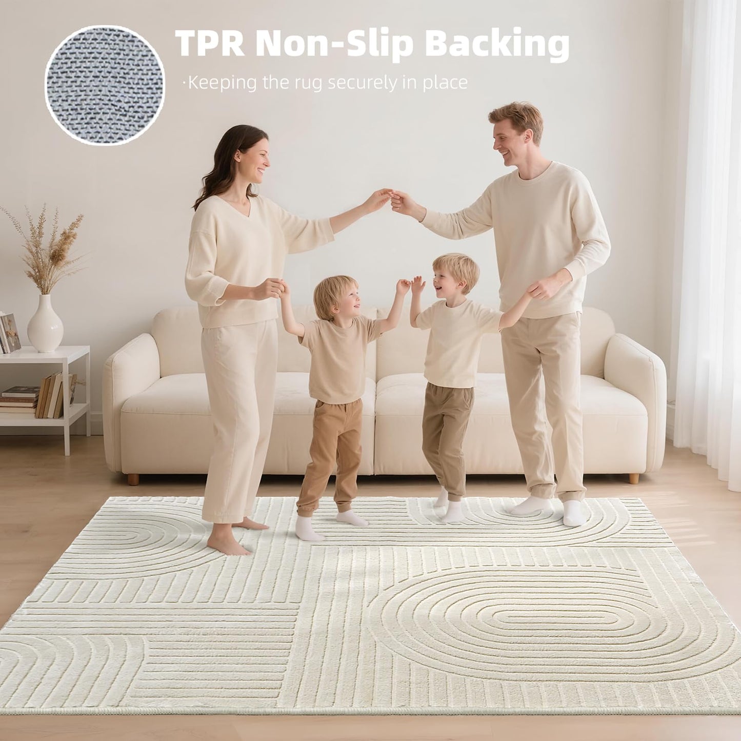 MATIIUI 5x7 Geometric Solid Beige Area Rug – Washable, Durable Non-Slip Indoor Carpet with Soft High-Low Pile, Fluffy Floor Rugs for Living Room, Bedroom, Bedside, Kids Room, Nursery,Home Office Décor