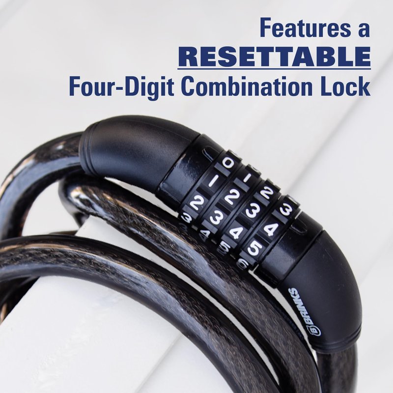 BRINKS 6 ft Outdoor Bike Lock Cable, Anti Theft Self-Coiling Design, Resettable 4-Dial Combination, 5/16" Weather-Resistant Vinyl Coating for Bikes