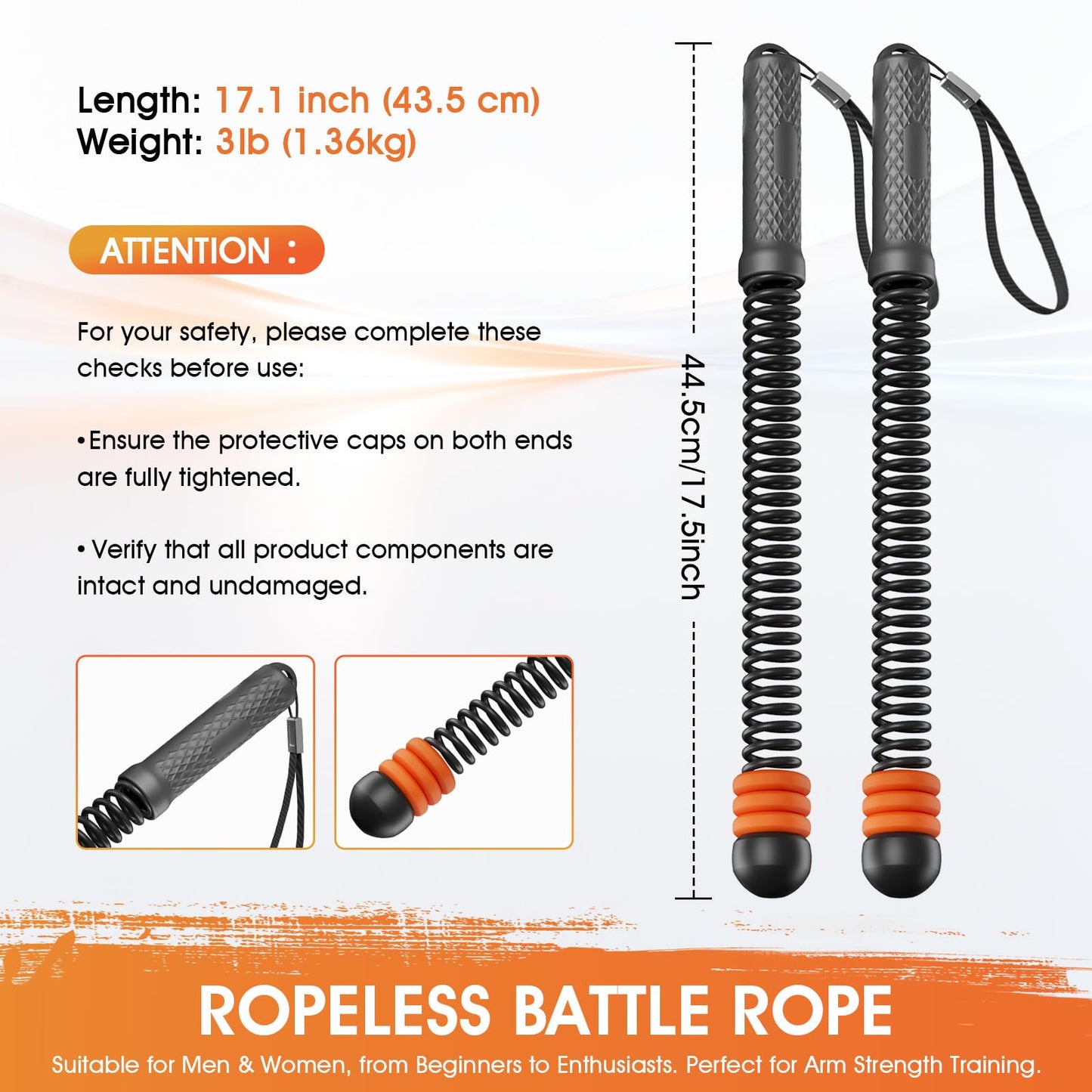 Ropeless Battle Ropes with 3 Adjustable Resistance Rings, Weighted Cordless Battle Rope for Home Gym, Portable Workout Equipment for HIIT, Cardio, Muscle Training & Fat Burning for Men Women (Black)