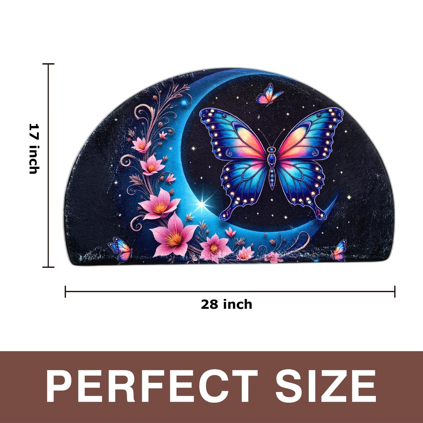 Boho Half Round Butterfly BathMat Doormat Outdoor Rug Non-Slip Bath Rugs Semi Circle Flower Bathroom Door Mat Cool Welcome Mats Decor Floral Style Mats (Moon)