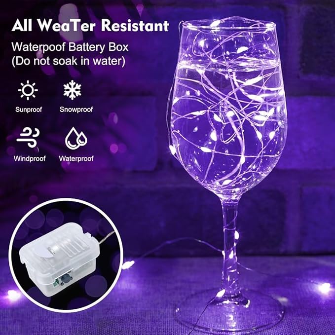 pozzolanas 24 Pack Purple Fairy Lights Battery Operated 3 Modes 7FT 20 LED Waterproof String Lights Twinkle Silver Wire for Mason Jars Wedding Christmas Halloween Party Decor (24, Purple)