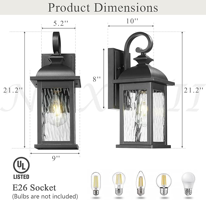Outdoor Wall Lantern Waterproof Porch Sconces Wall Mounted Lighting Matte Black Exterior Wall Lights with Water Ripple Glass for House Garage Doorway 21 Inch Height E26 Socket