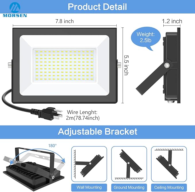 MORSEN 100W Flood Lights Outdoor, 18000lm Bright LED Work Light with Plug, 6500K Daylight White LED Flood Lighting, IP66 Waterproof Security Yard Lights for Yard Garage Stadium 2 Pack