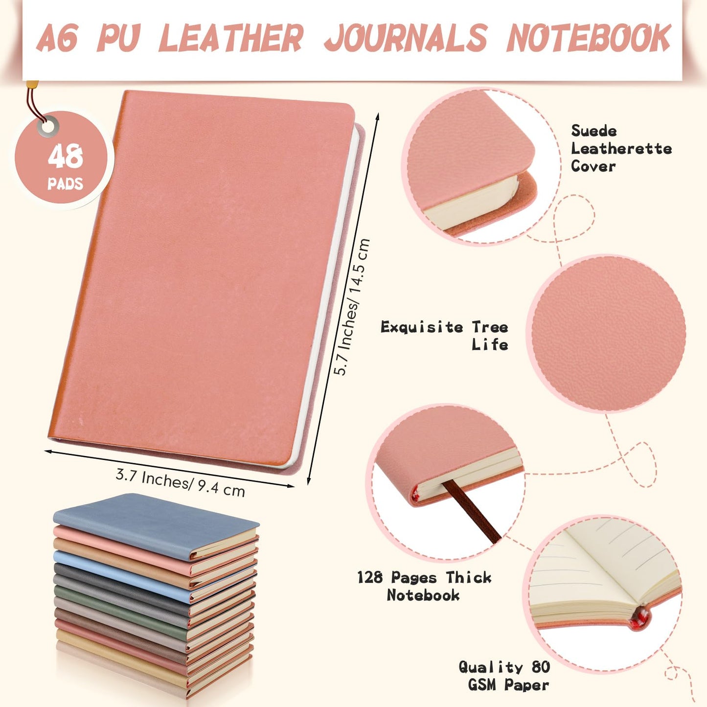 PerKoop 48 Pcs A6 PU Leather Journals Notebook Bulk Lined Journal Soft PU Leather Cover Ruled Writing Notebook for Home Office School Business 128 Pages 5.7 x 3.7 Inch (Dark Color)