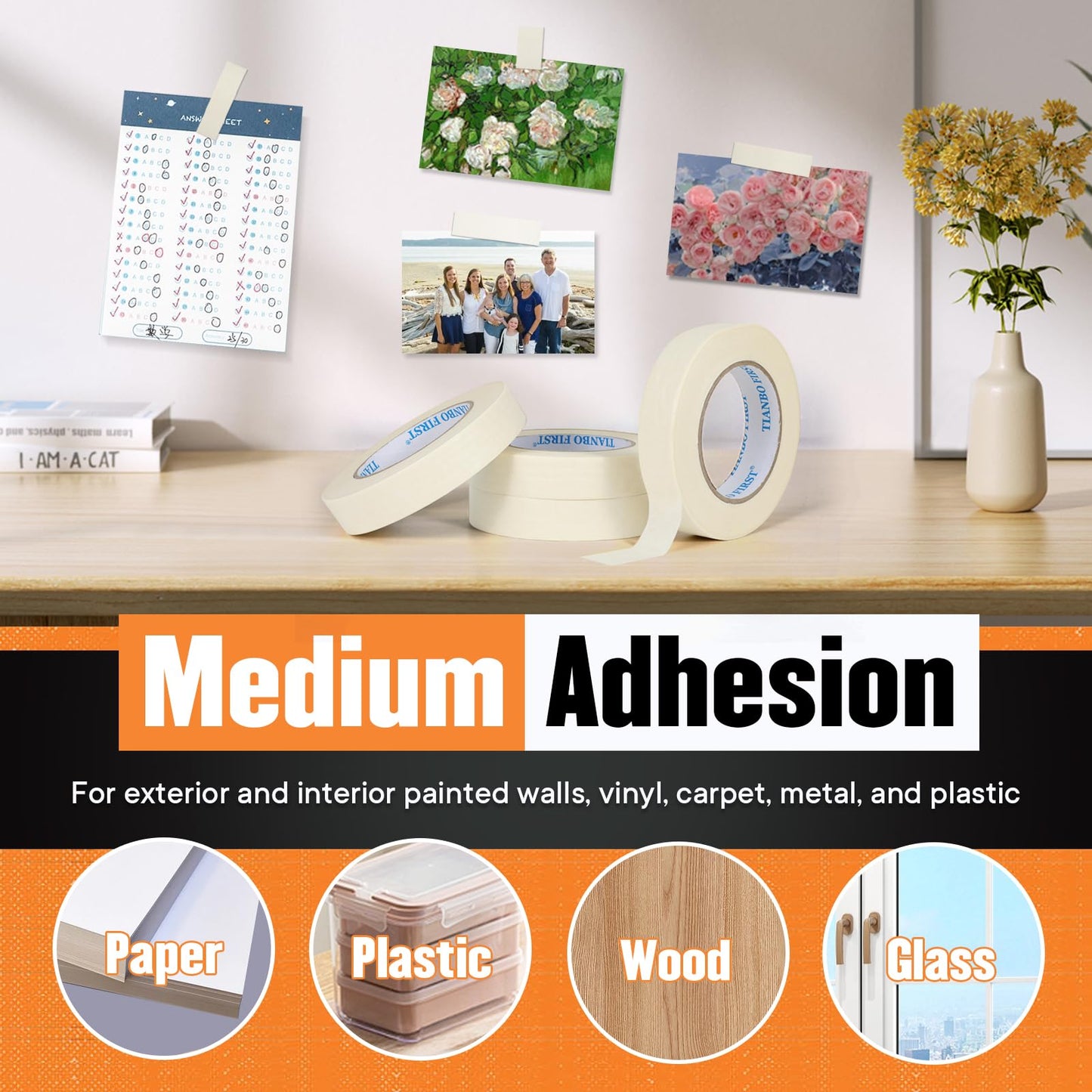 TIANBO FIRST Masking Tape 1.41 Inch Wide Thin Beige White Painters Masking Tape Bulk for Painting Home Office School Stationery, 1.41 Inches x 60 Yards, 6 Rolls